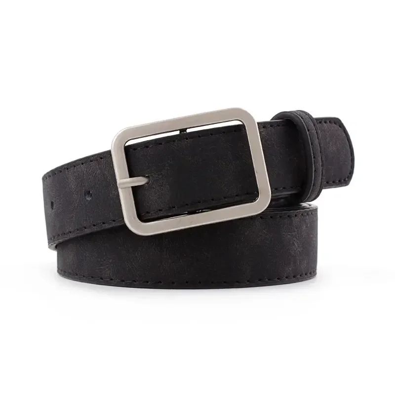 Womens Retro Leather Belt w/ Silver Square Pin Buckle - Fashion Jeans Waist Belt, Adjustable Student Waistband