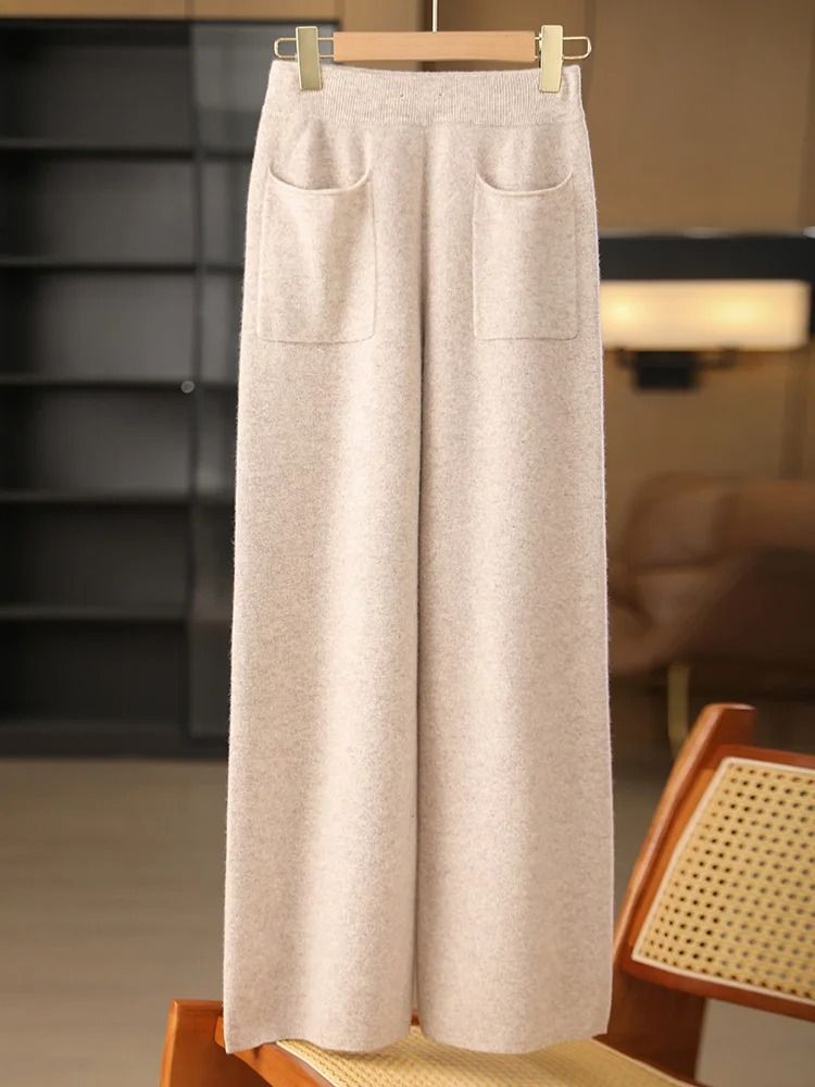Women 100% Merino Wool Knitted Wide Leg Pants Autumn Winter Loose Soft Warm Bottoms with Pockets