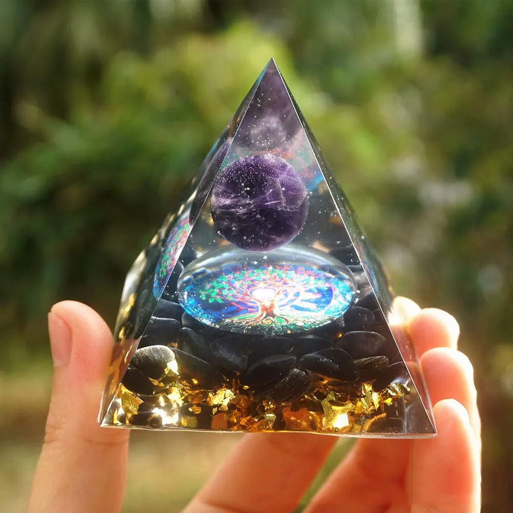 Energy Pyramid Orgonite Healing Crystal Amethyst Ball Natural Chakra Tool Home Decor Gift