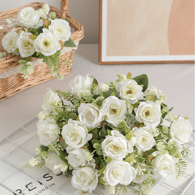 30cm Artificial Rose Bouquet with 5 Blooms and Buds for Wedding and Home Decor