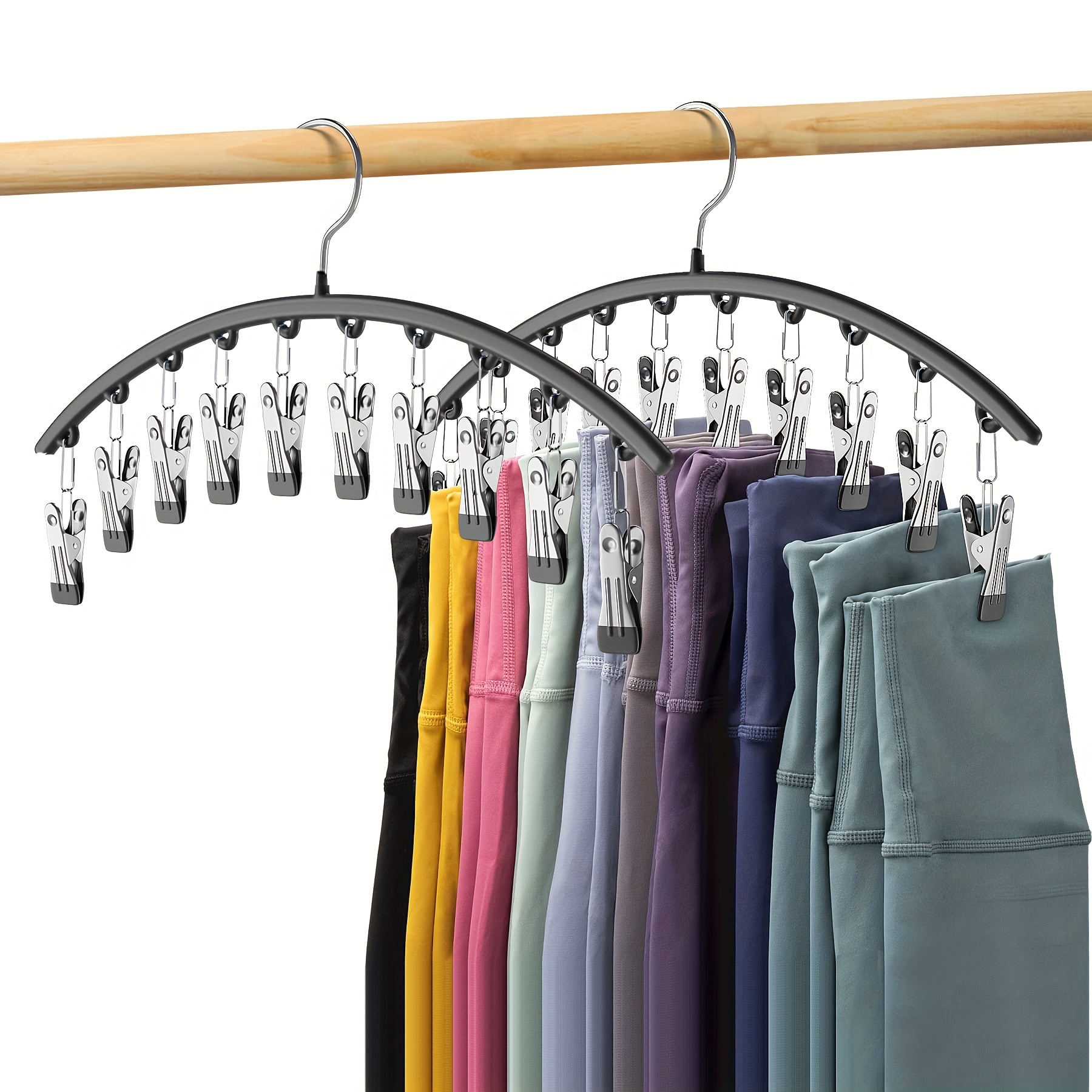 Curved Shape Closet Hanger with Clothespins, Metal Pants Organizer for Yoga Pants, Leggings & Trousers