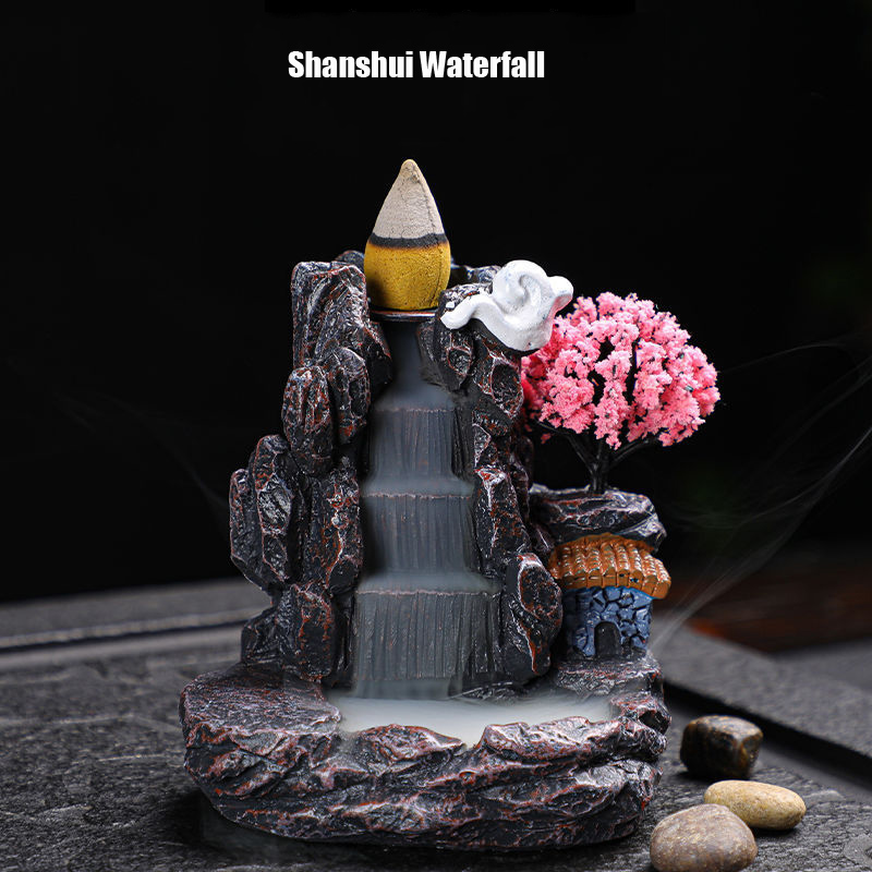 Waterfall Incense Burner Backflow Incense Holder Aromatherapy Ornament with Backflow Incense Cones for Home Decor