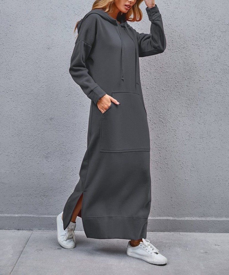 Winter Warm Midi Robe Hooded Long Sweatshirt Dress Casual Vestidos
