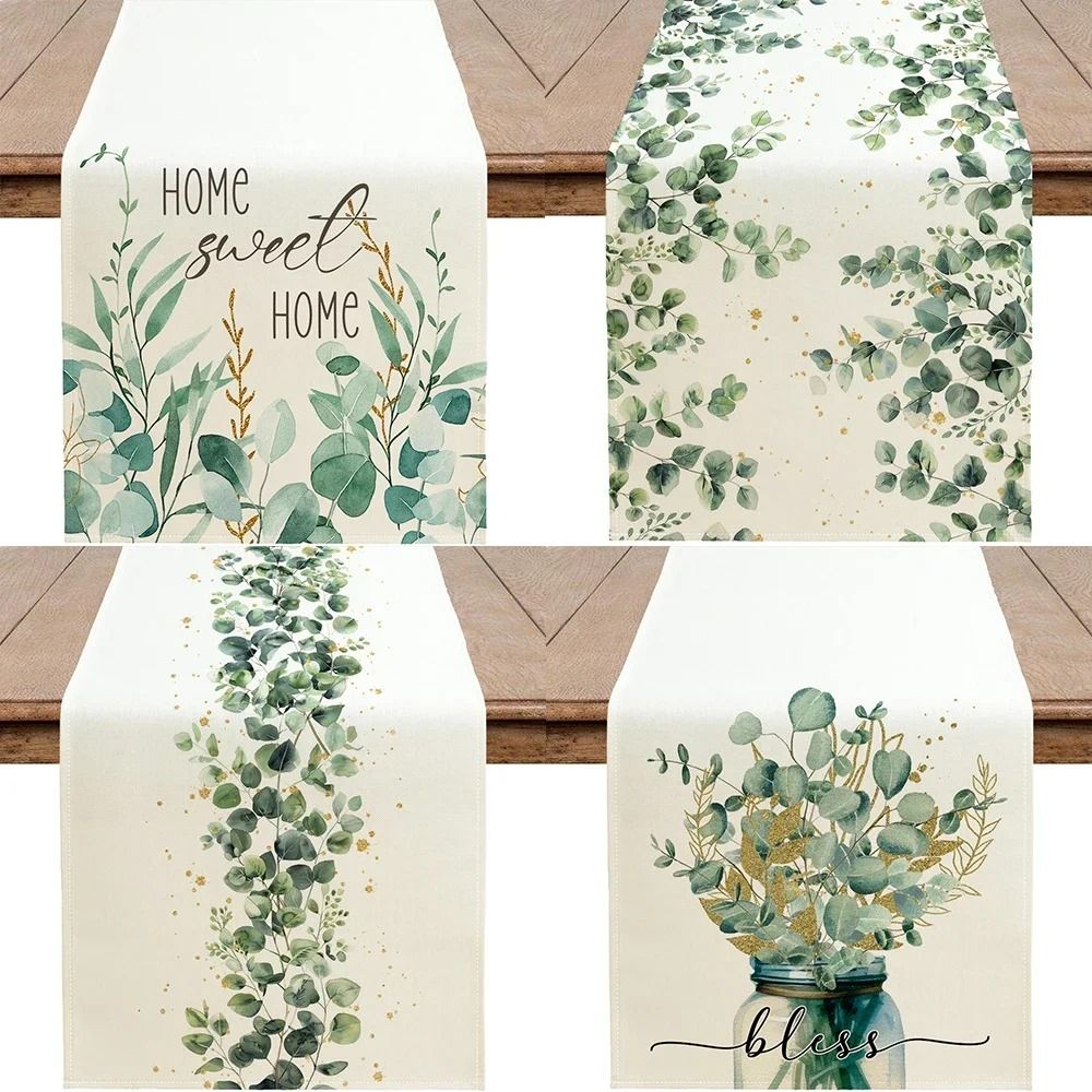 Spring Green Eucalyptus Leaf Table Runner | Modern Botanical Welcome Ink Decor