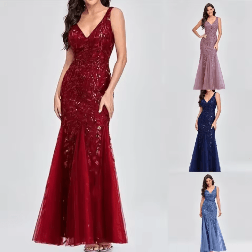 Elegant V Neck Sequin Dress Sleeveless Socialite Summer Evening Gown