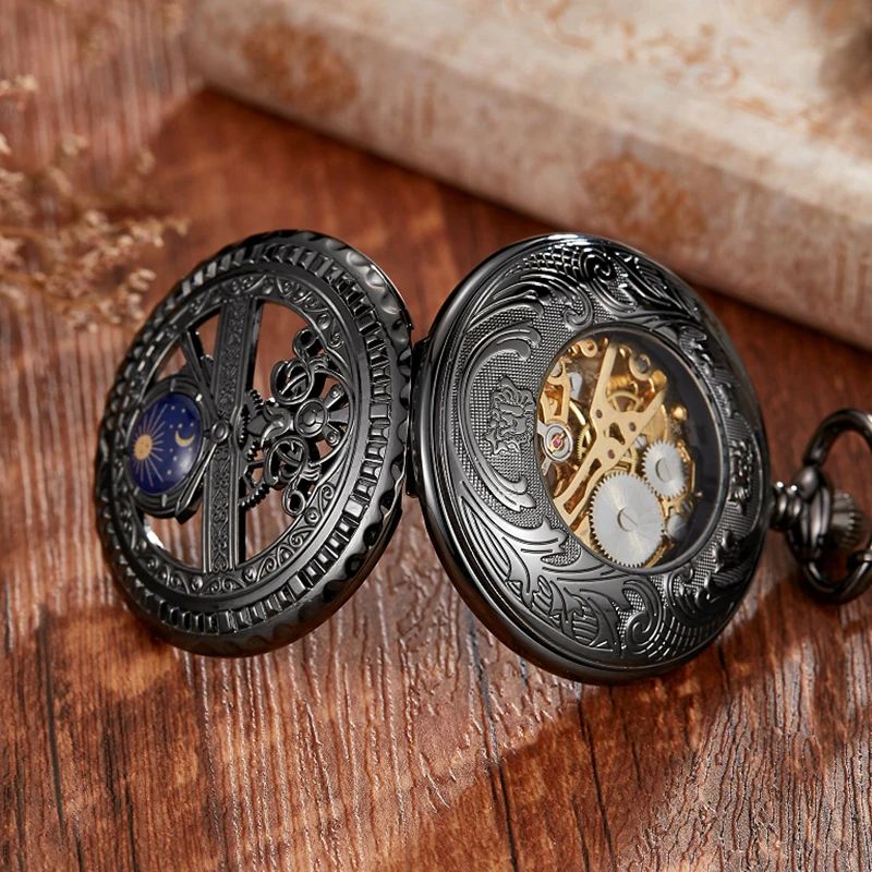Mechanical Pocket Watch Star and Moon Phase Skeleton Design