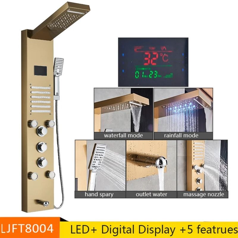 LED Rainfall Shower Panel with Digital Display and Massage Jets