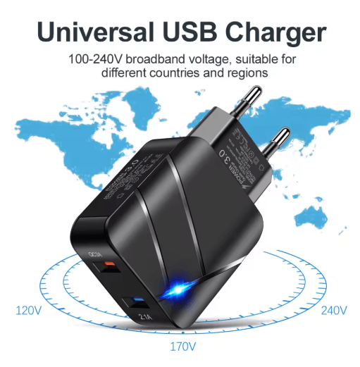 28W Dual USB QC3.0 Fast Charger with LED Light EU Plug