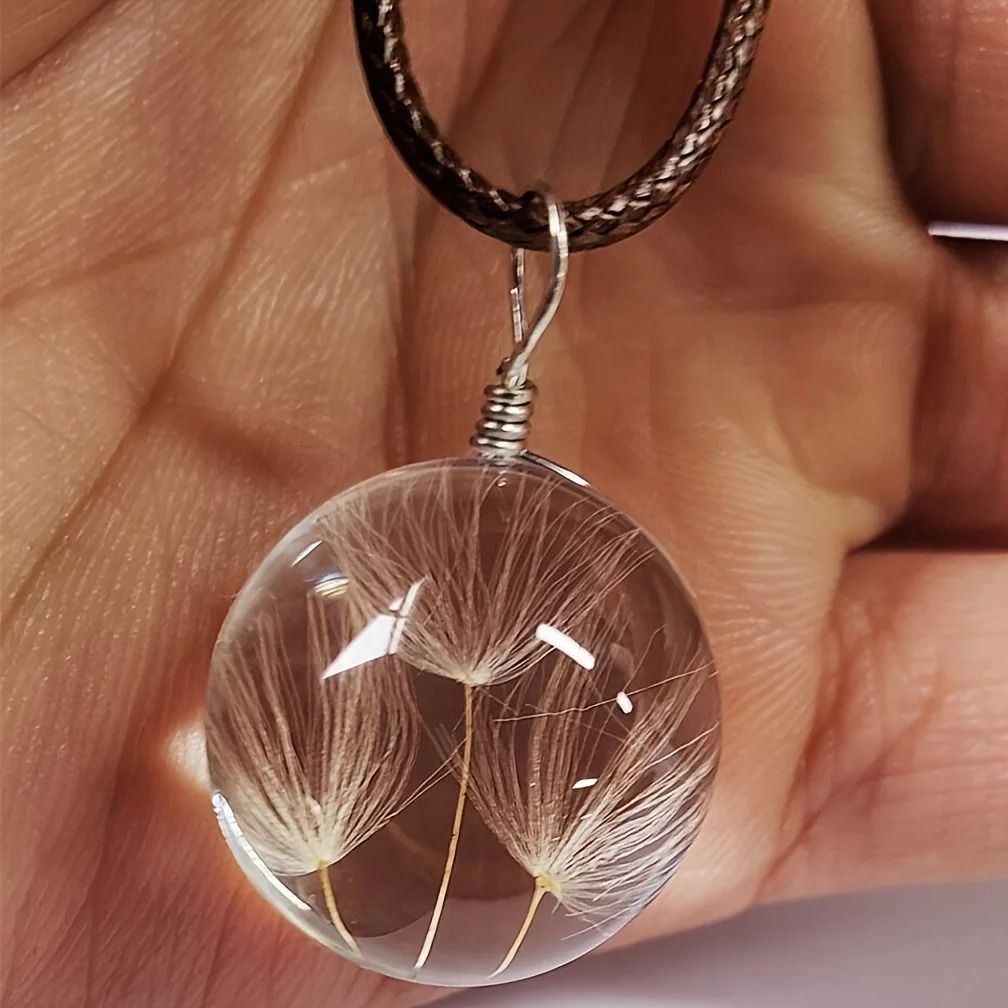 Round Dandelion Pendant Necklace with Transparent Glass Charm