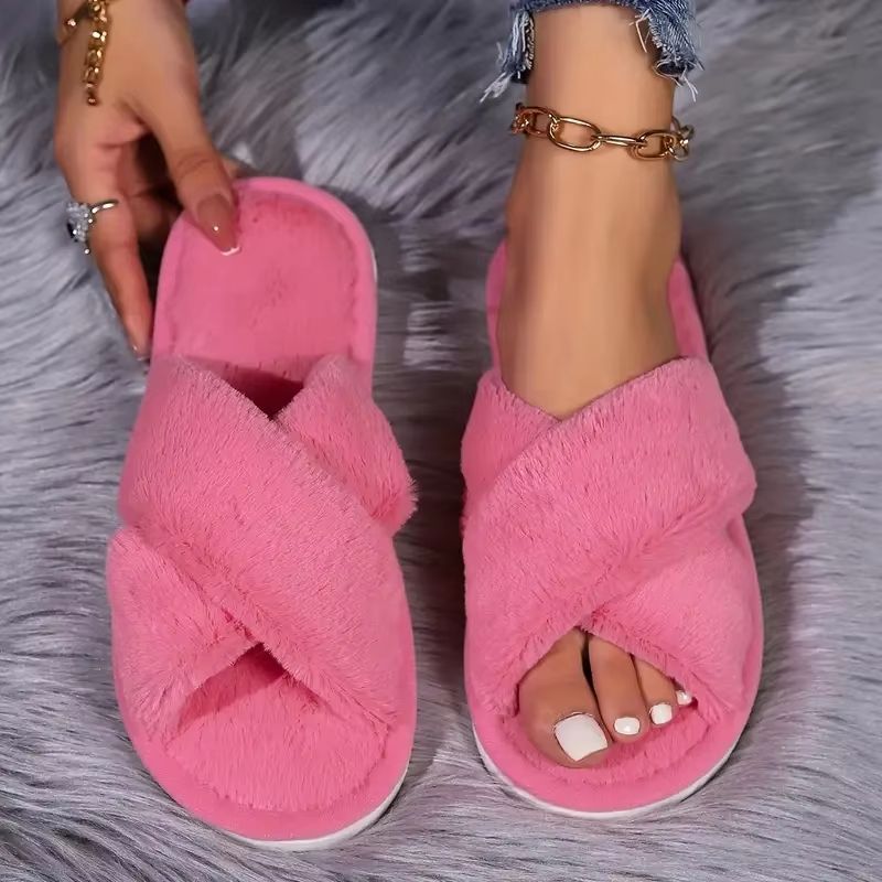 FuzzWave Women's Cross-Band Furry Slides Plush EVA Light Slippers