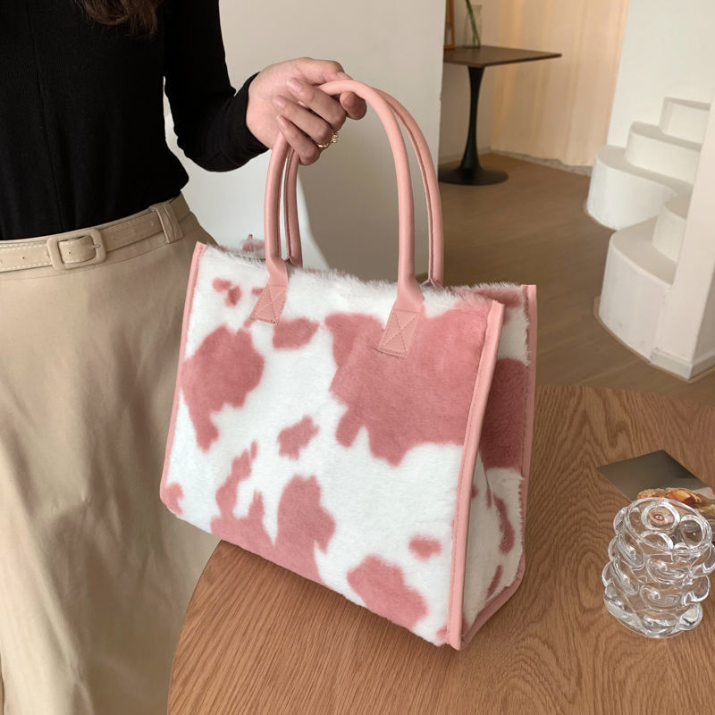 Winter Faux Fur Leopard Print Shoulder Bag Soft Plush Tote with Large Capacity for Women