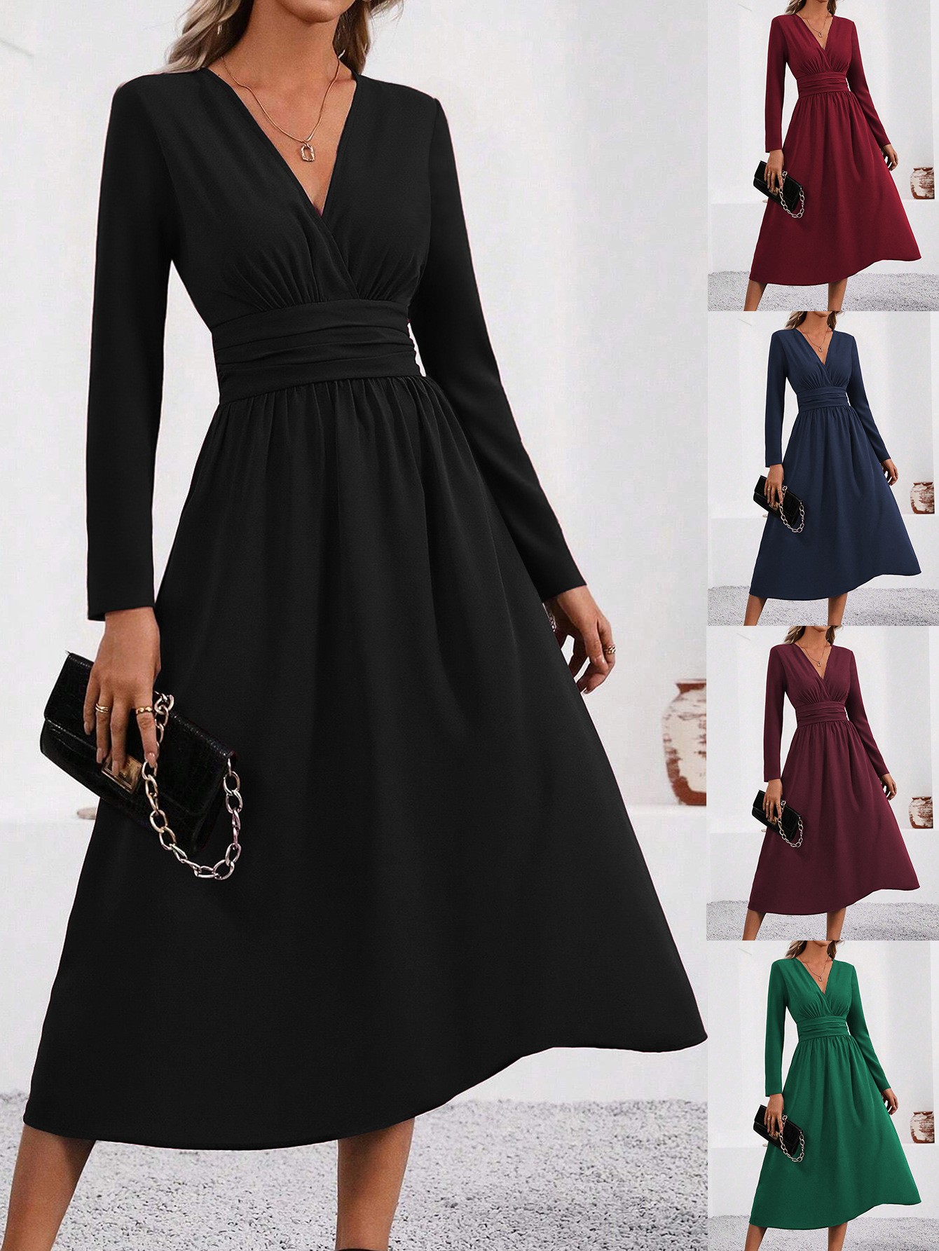 Waist Shirring Bodycon Long Maxi Dress with Fall Winter Overlap V-Neck Design