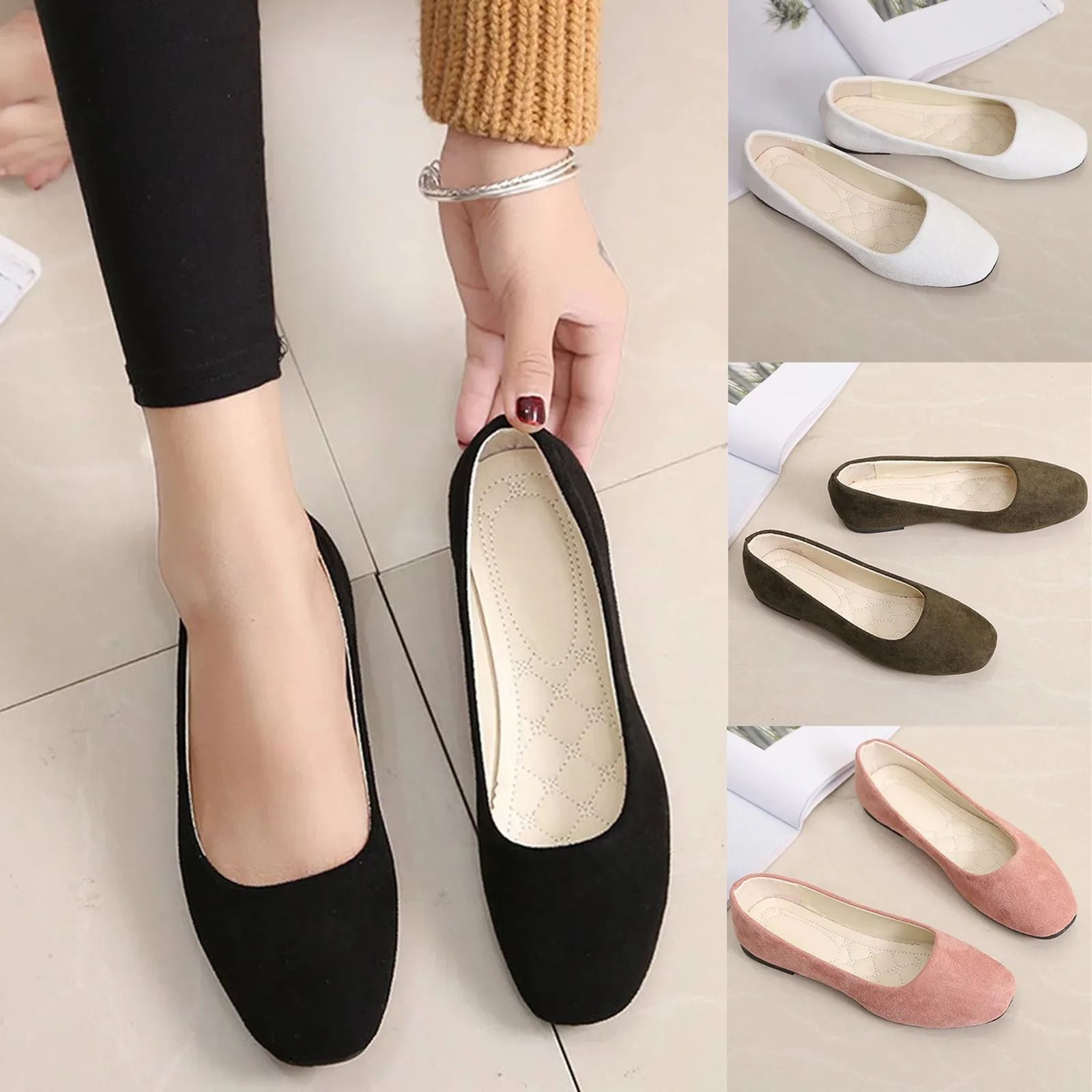 Women Suede Loafers Flat Heel Square Toe Basic Pumps