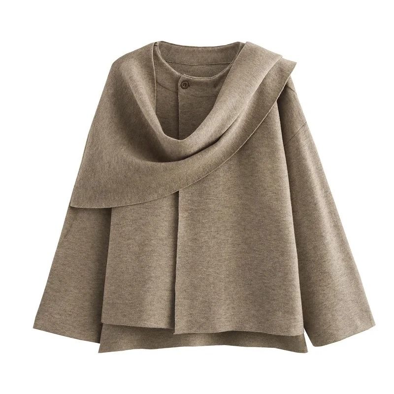 Women Plush Winter Coat with Asymmetric Scarf Collar