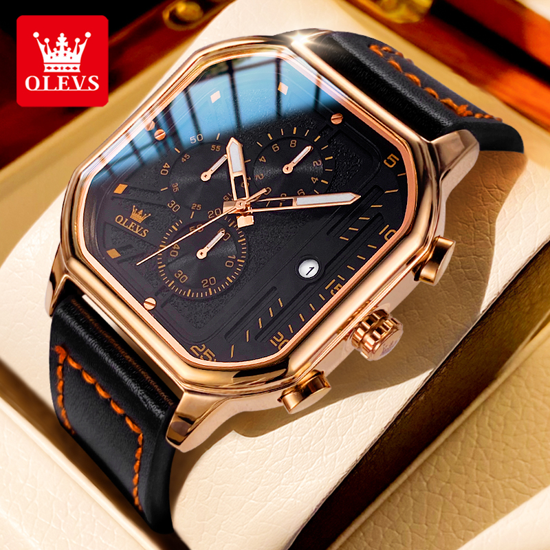 Square Waterproof Chronograph Quartz Watch, Trend Brand Original Men's Watches, Luminous Leather Strap Male Wristwatch