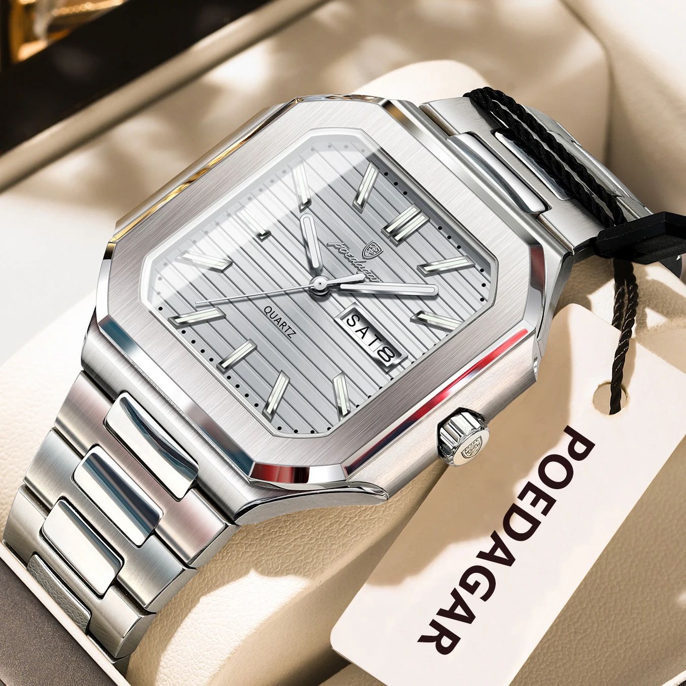 POEDAGAR Luxury Square Waterproof Men's Quartz Watch with Luminous Date & Week