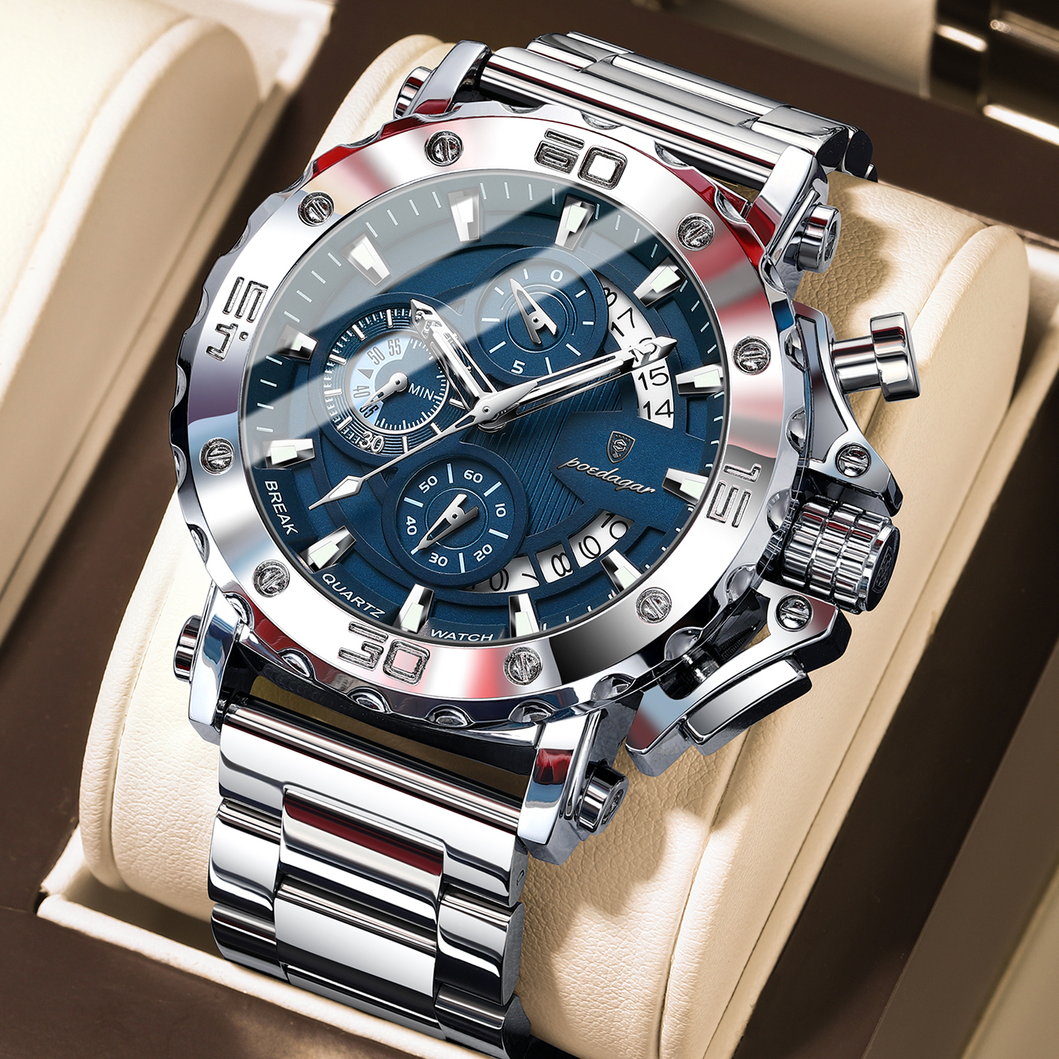 Luxury Men Chronograph Watch Waterproof Stainless Steel Luminous Calendar Timepiece