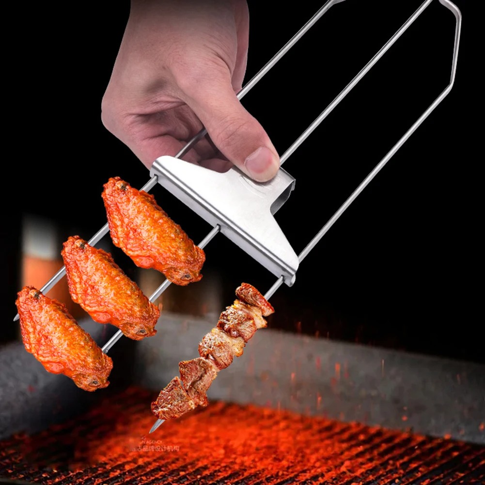 Reusable 3-Way Stainless Steel BBQ Skewers with Oxford Cloth Bag – Durable Grill Fork for Meat, Veggies & Shrimp