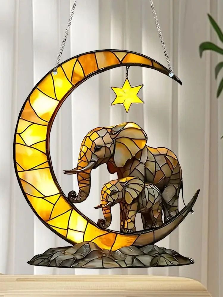 Elephant Family & Crescent Moon Suncatcher | Stained-Glass Style Window Pendant & Garden Accent