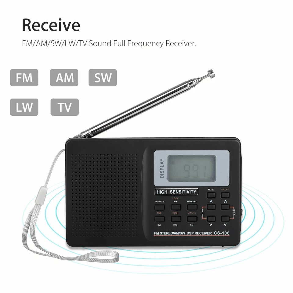 Portable FM/AM/SW/LW/TV Radio Receiver w/ LCD Screen, Alarm, USB Rechargeable, Stereo Sound