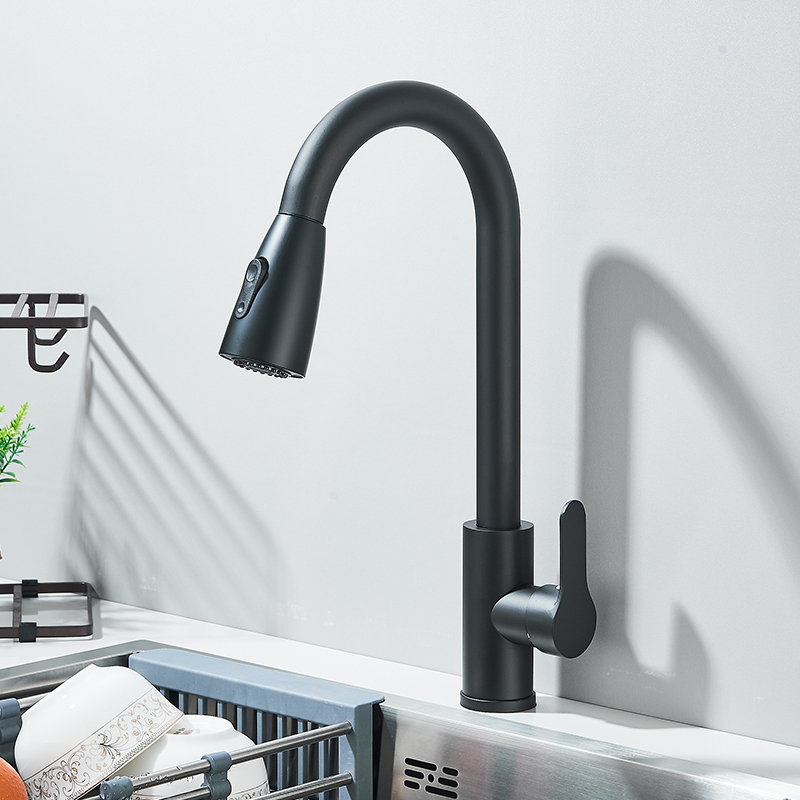 Kitchen Sink Mixer Tap Stream, Flexible Pull Out Nozzle, Black Hot Cold Water Taps, Sprayer Head Deck