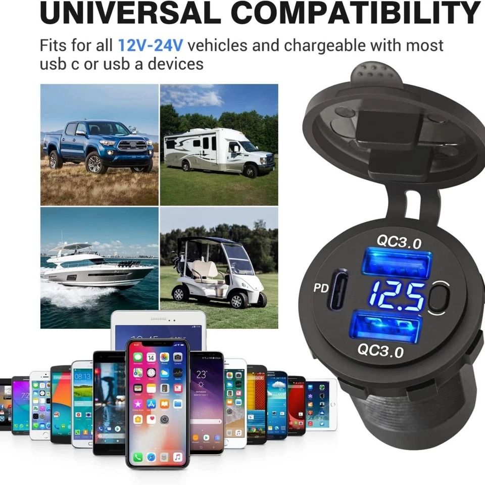 Car Fast Charger, PD QC Dual USB Power Socket Outlet with LED Voltmeter, Waterproof, Charging Power