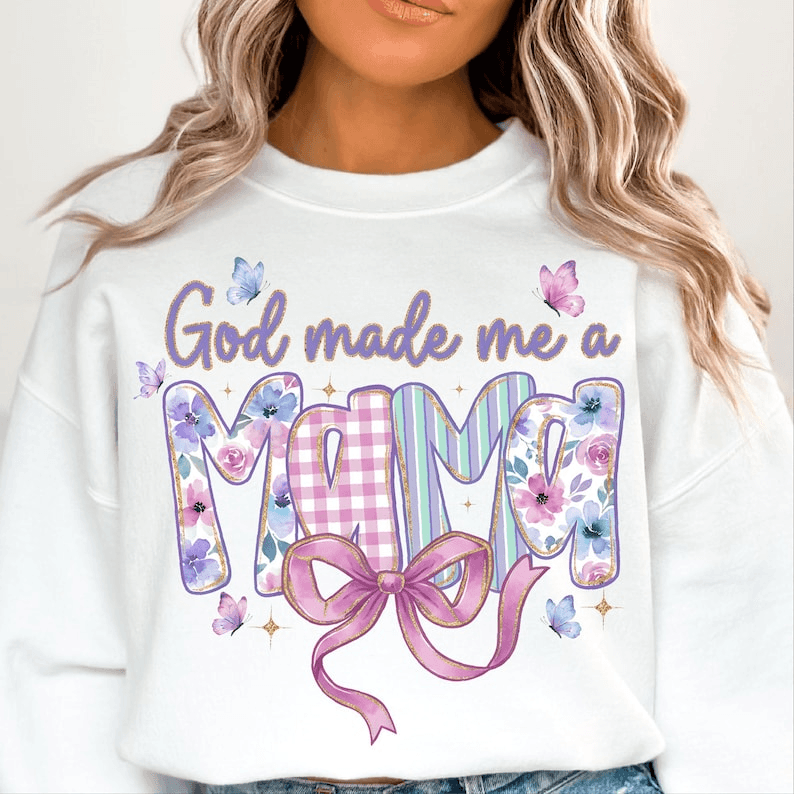God Made Me a Mama Shirt Floral Bow Mom Life Graphic Tee
