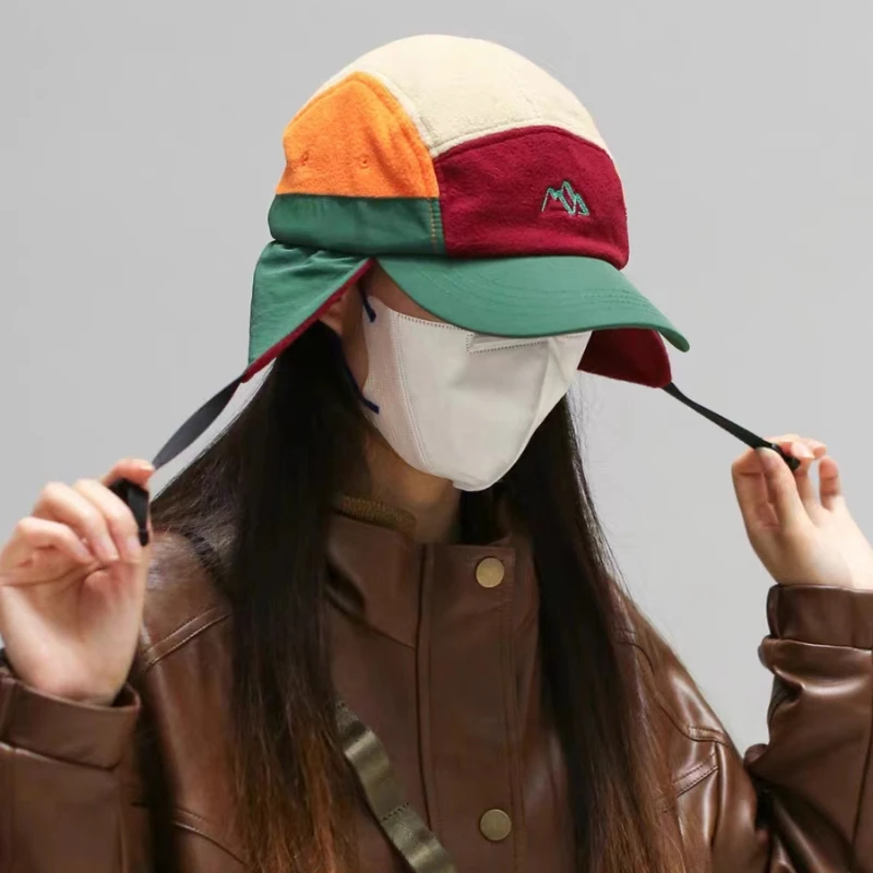 Short Brim Baseball Cap with Color Matching, Ear Protection, Winter Velvet Aviator Bucket Hat for Men and Women