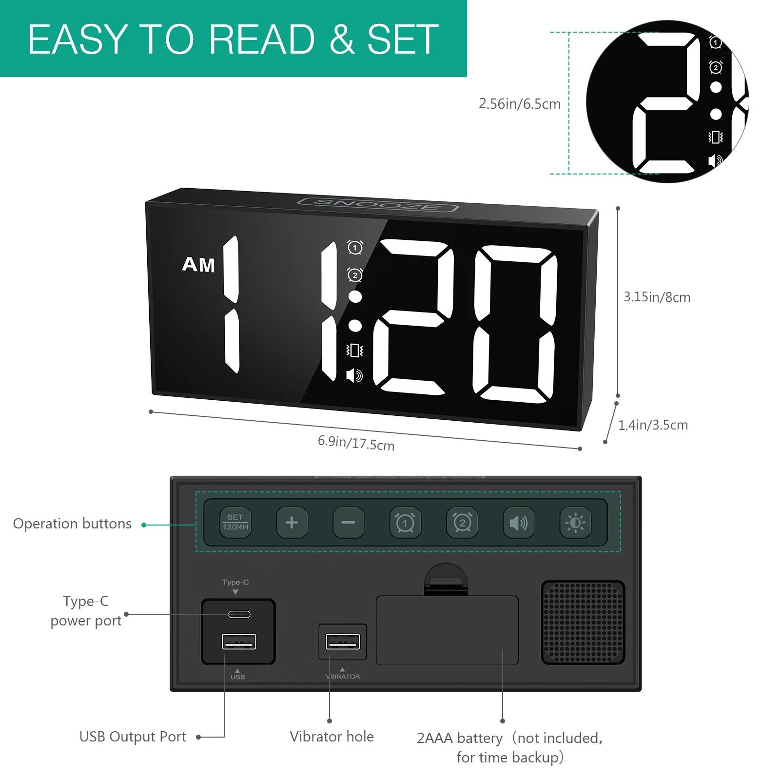 Vibrating Bed Shaker Alarm Clock | 7.5 in Large LED Display