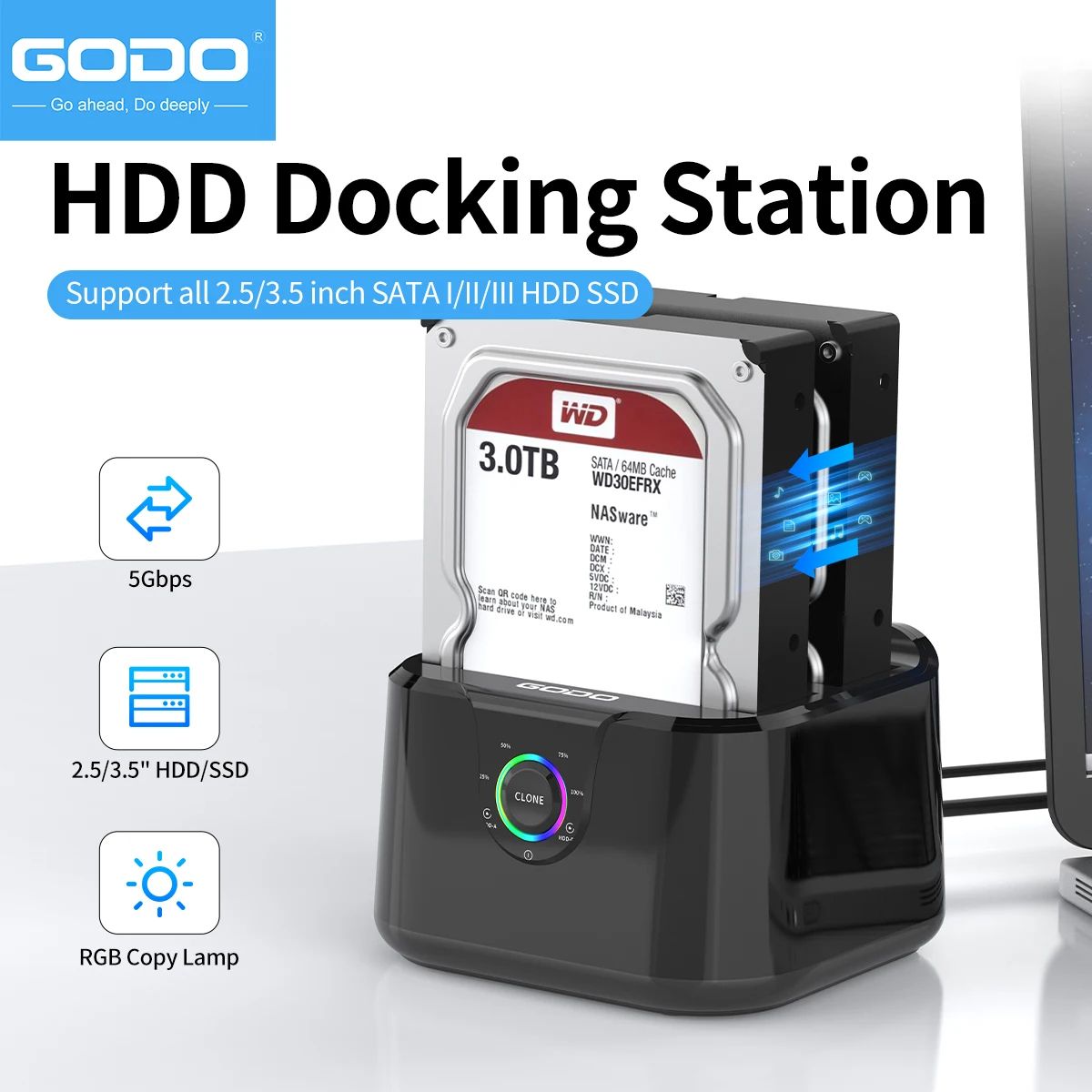 GODO Dual Bay Hard Drive Docking Station – USB 3.0 SATA HDD/SSD Dock for 2.5 & 3.5 Inch Drives
