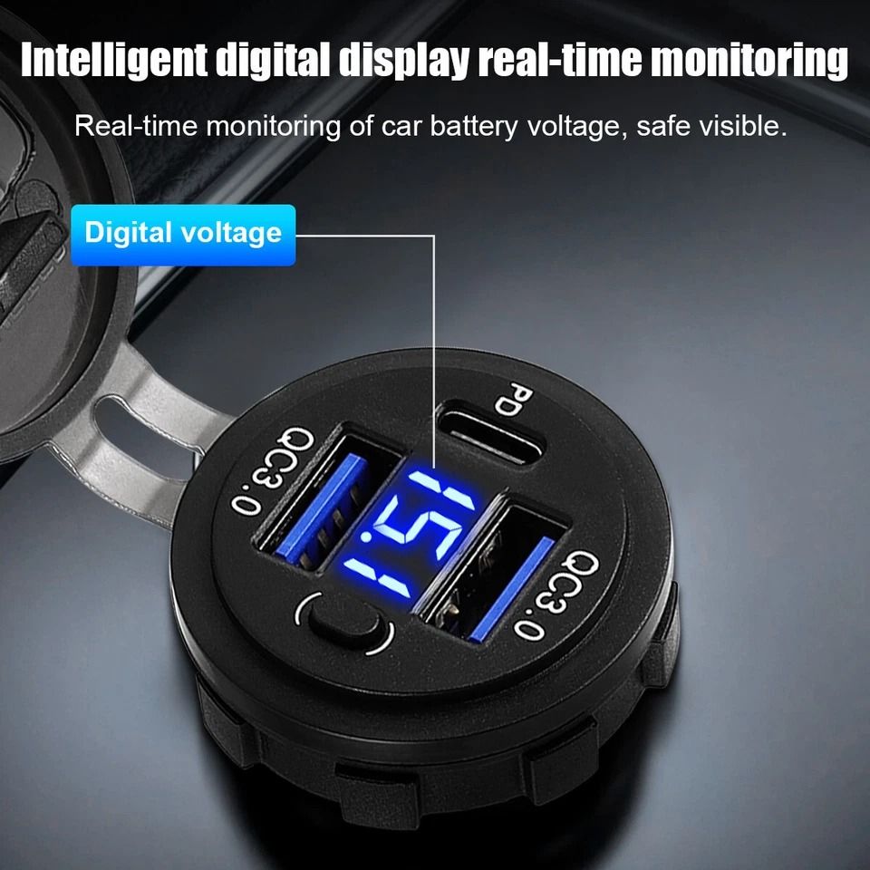 Car Fast Charger, PD QC Dual USB Power Socket Outlet with LED Voltmeter, Waterproof, Charging Power
