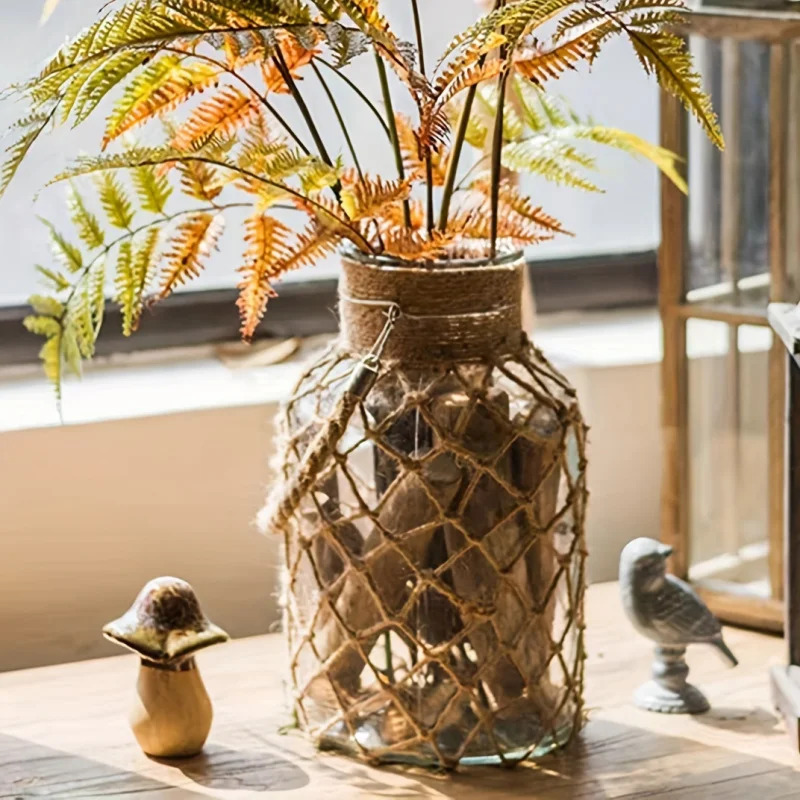 Vintage Hemp Rope Hanging Glass Vase Hand Braided Tabletop Hydroponic Decorative Planter