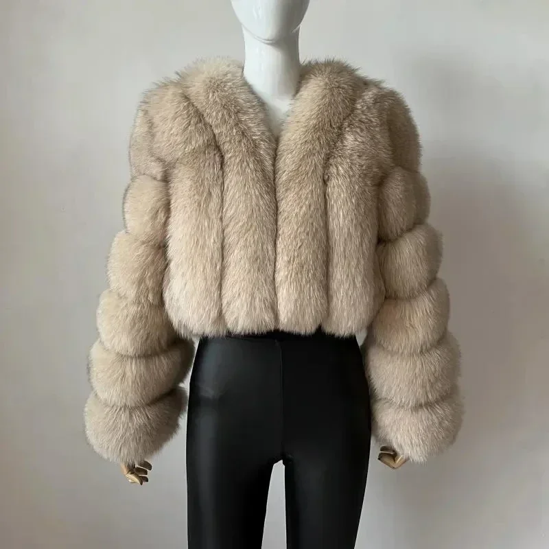 Luxury Faux Fox Fur Coat, V Neck Winter Coat for Women, Warm Long Sleeve Teddy Jacket, Chic Fashion Outwear