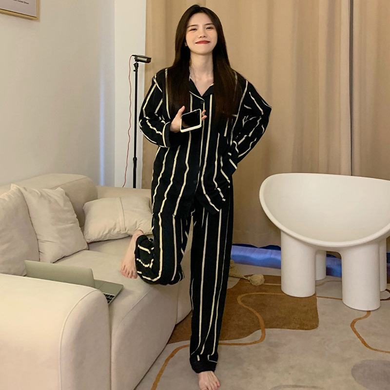 Light Luxury Ice Silk Pajamas, Womens Pajama Set, Black Vertical Stripes, Long Sleeve, Spring Autumn Nightwear Set