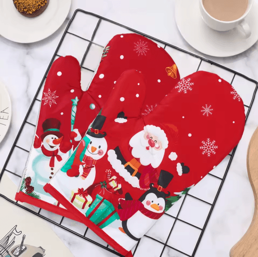 Festive Christmas Oven Gloves Heat Resistant Holiday Kitchen Mitts