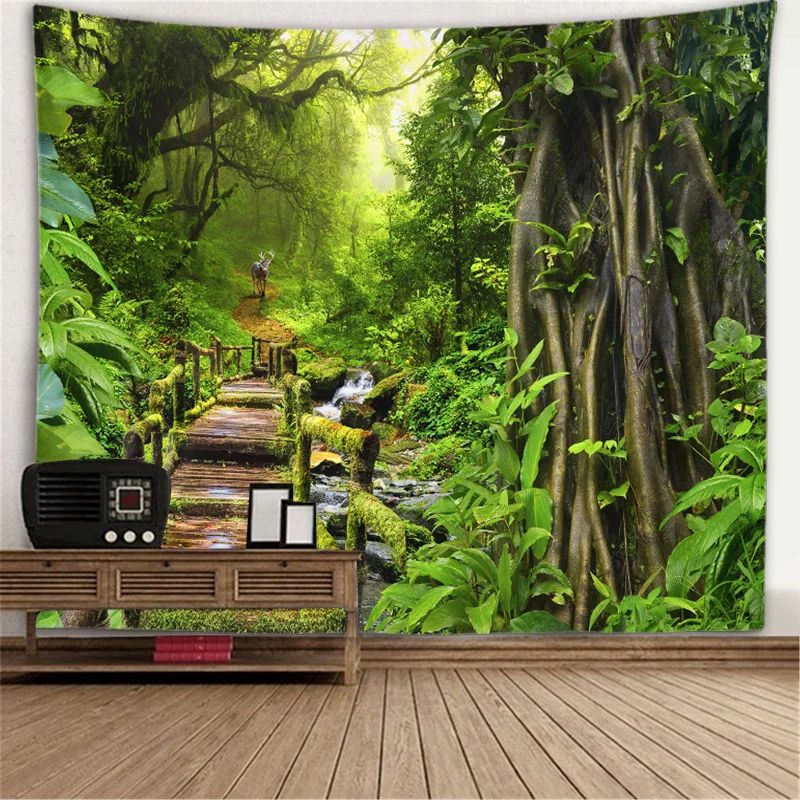 3D Window Forest Scene Wall Tapestry