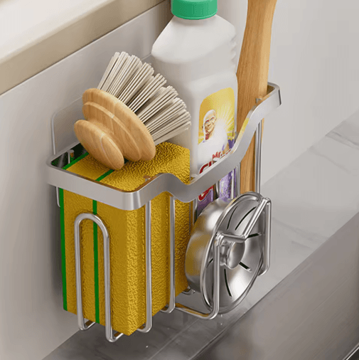 Rustproof Stainless Steel Kitchen Sink Sponge Holder with Adhesive Hook