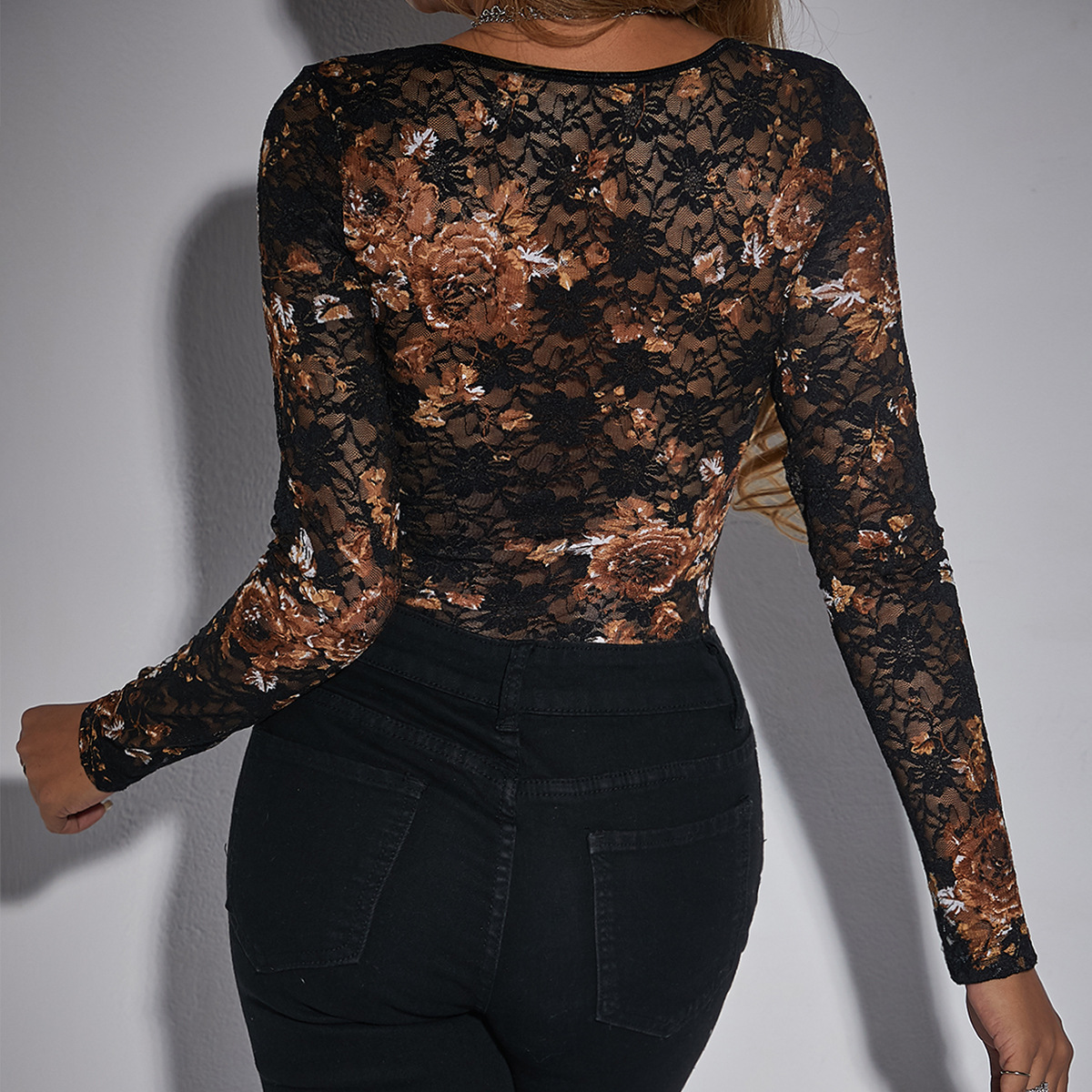 French Classic Vintage Sequin Overbust Bodysuit, Sexy Lace Square Collar, Long Sleeve V-Neck Black Onesie for Women