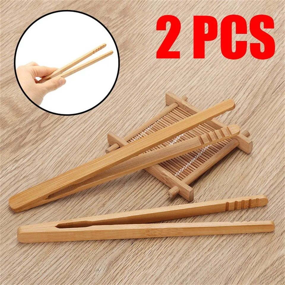 2 Pcs Bamboo Wooden Kitchen Tongs – Eco-Friendly 7 inches Toast, Salad & Tea Serving Tongs