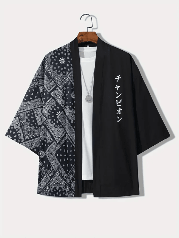 Mens Japanese Kimono Style Open Front Summer Shirt Loose Fit Casual Top
