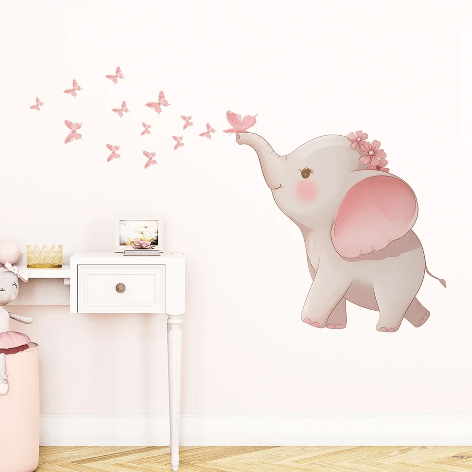 Cute Elephant Butterfly Wall Stickers Kids Room Wall Decals Nursery Decor
