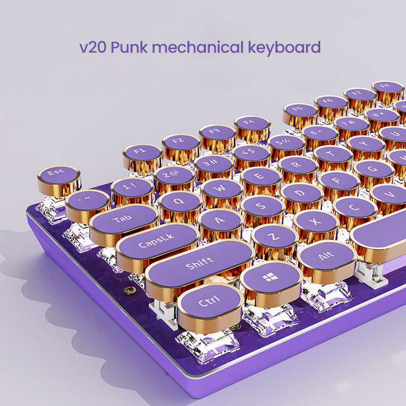 Punk Typewriter Mechanical Gaming Keyboard, LED White Backlit, Round Keycaps, Key-Wire Separation