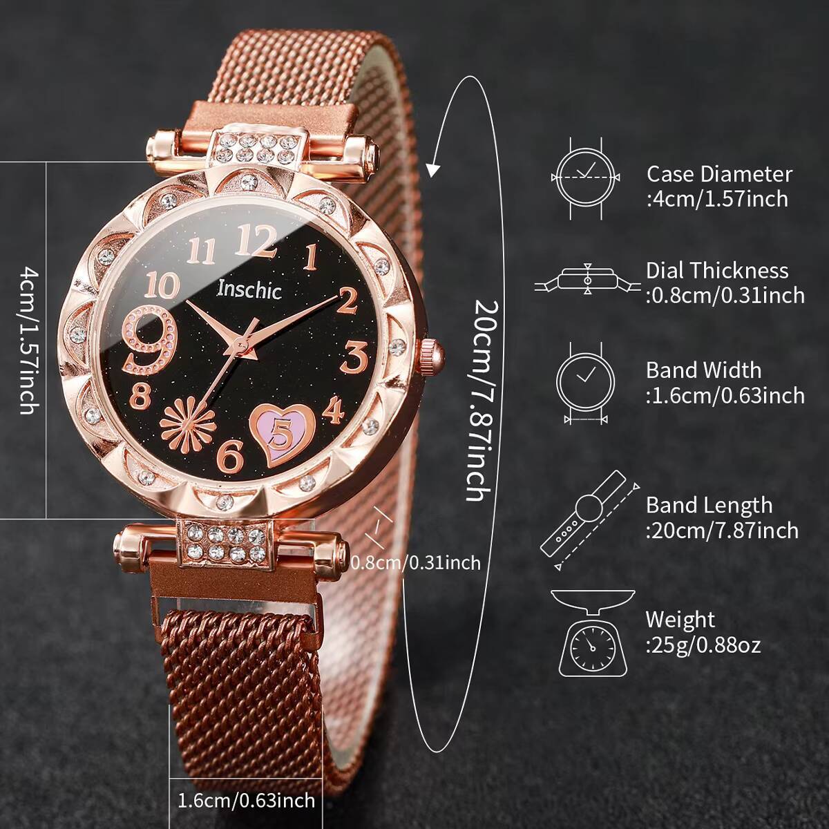 Elegant Womens Mesh Strap Watch Set with Star Bracelet, Magnet Buckle Analog