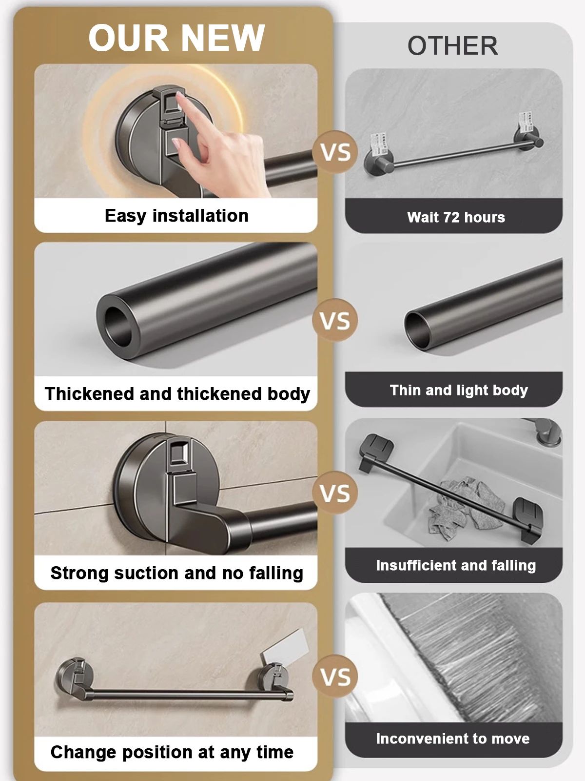 Suction Cup Double Bar Bathroom Towel Rack
