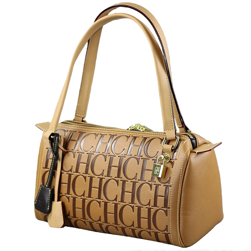 Vintage Style Embossed Letter Cylindrical Handbag Large Capacity Fashion Shoulder Bag