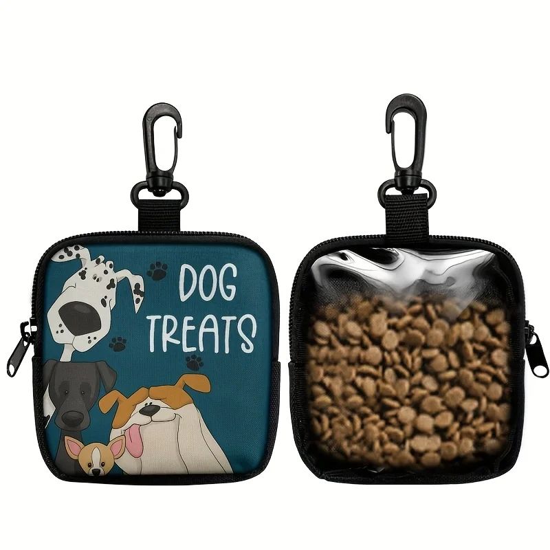 Dog Print Dog Treat Bag with Hook & Zipper – Clip-On Dog Training Treat Pouch for Walks