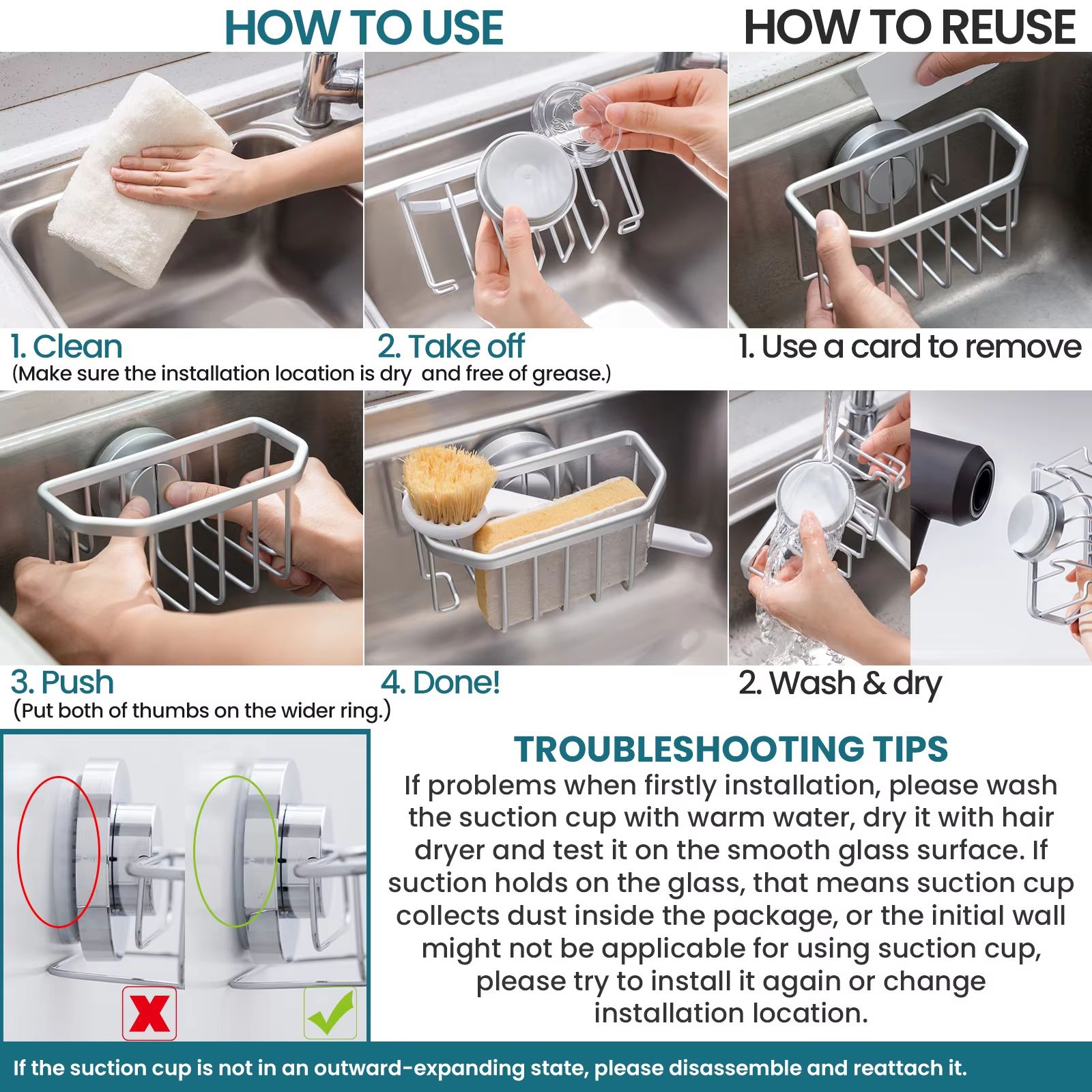 TAILI Suction Cup Sink Caddy, Rustproof Aluminum Sponge and Brush Holder with Quick Drain