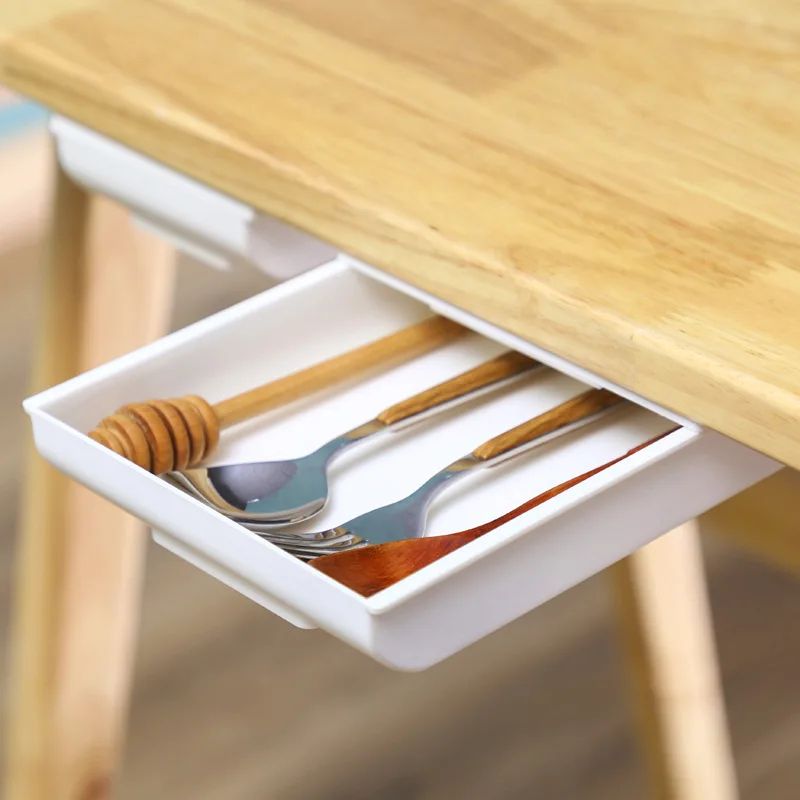 Hidden Slide-Out Under Desk Drawer Organizer - No-Drill Self Adhesive Drawer Storage Tray