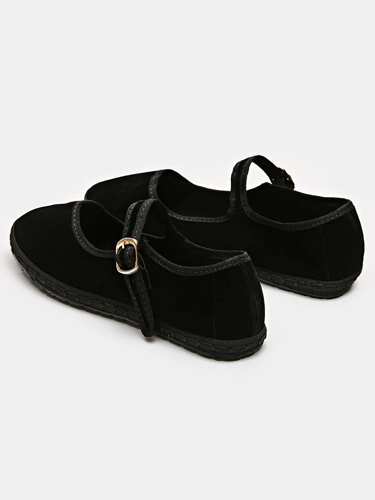 Women Velvet Mary Jane Shoes Hand Stitch Solid Red Flats, Casual Streetwear Cloth Ballet Pumps Loafers
