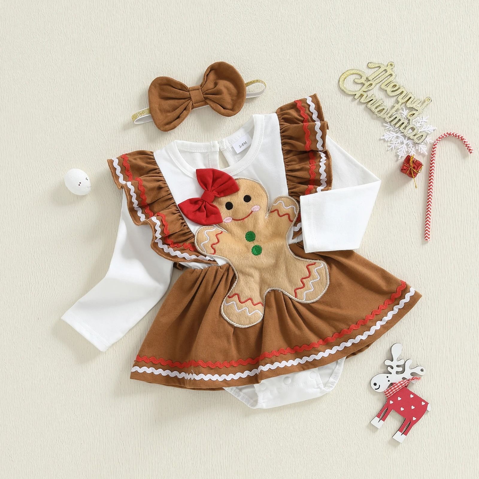 Infant Girl Christmas Gingerbread Man Romper | Premium Long Sleeve Dress & Bow Headband Newborn Set